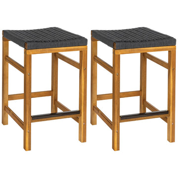 Armand 25.6" Modern Coastal Backless Acacia Wood Outdoor Counter Stool with Woven Rope Seat